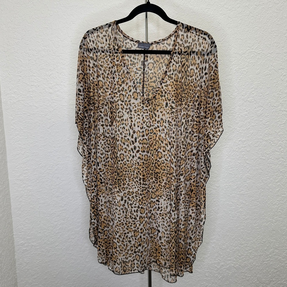 Jordan Taylor Leopard Print Mesh Swim Cover Up V-Neck Sheer Kaftan Brown Tan